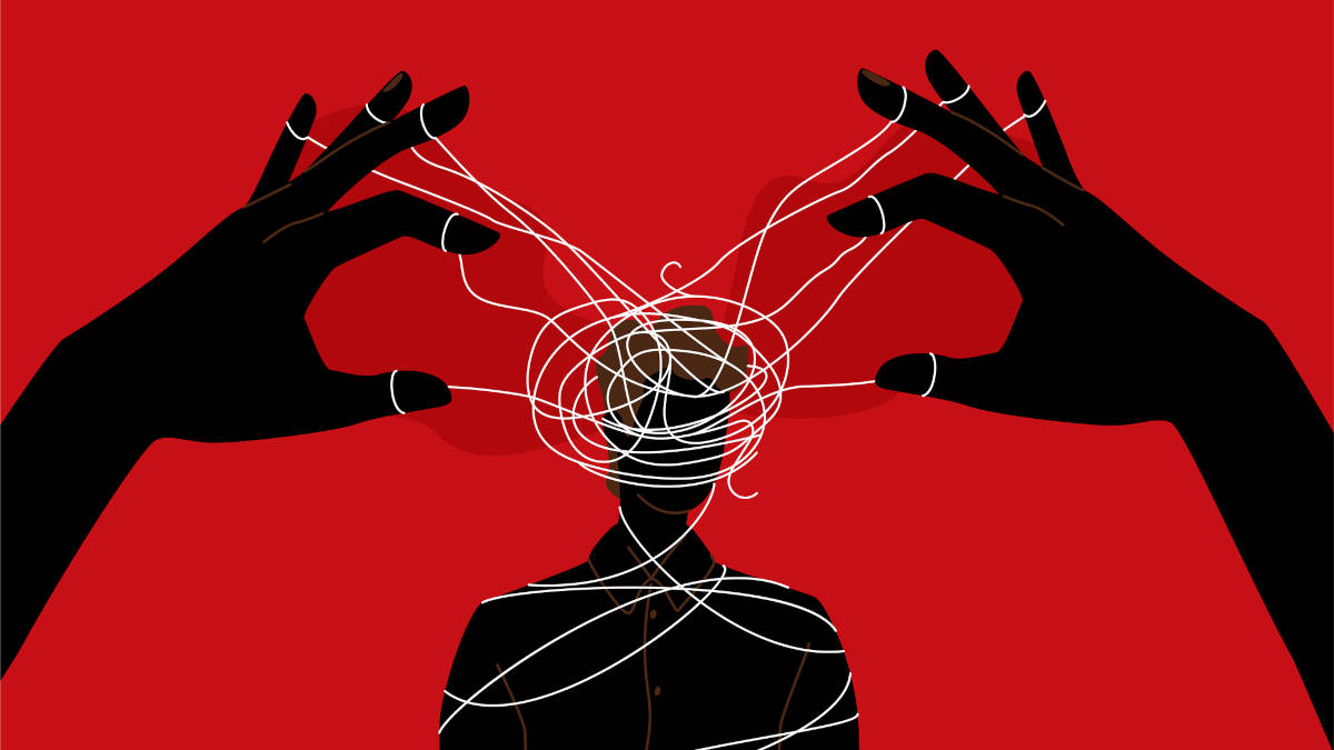 Eine Zeichnung in schwarz und rot gehalten, auf der übergroße Hände eine Person mit Fäden einwickeln.