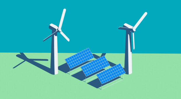 Illustration von zwei Windrädern und Solaranlagen