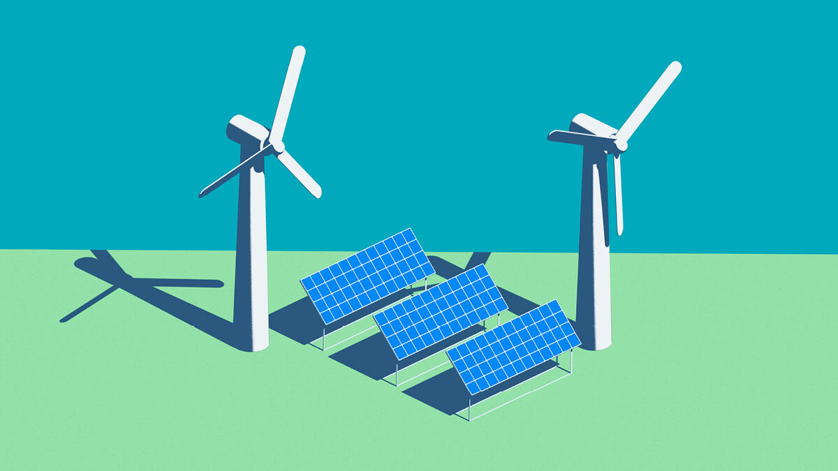 Illustration von zwei Windrädern und Solaranlagen
